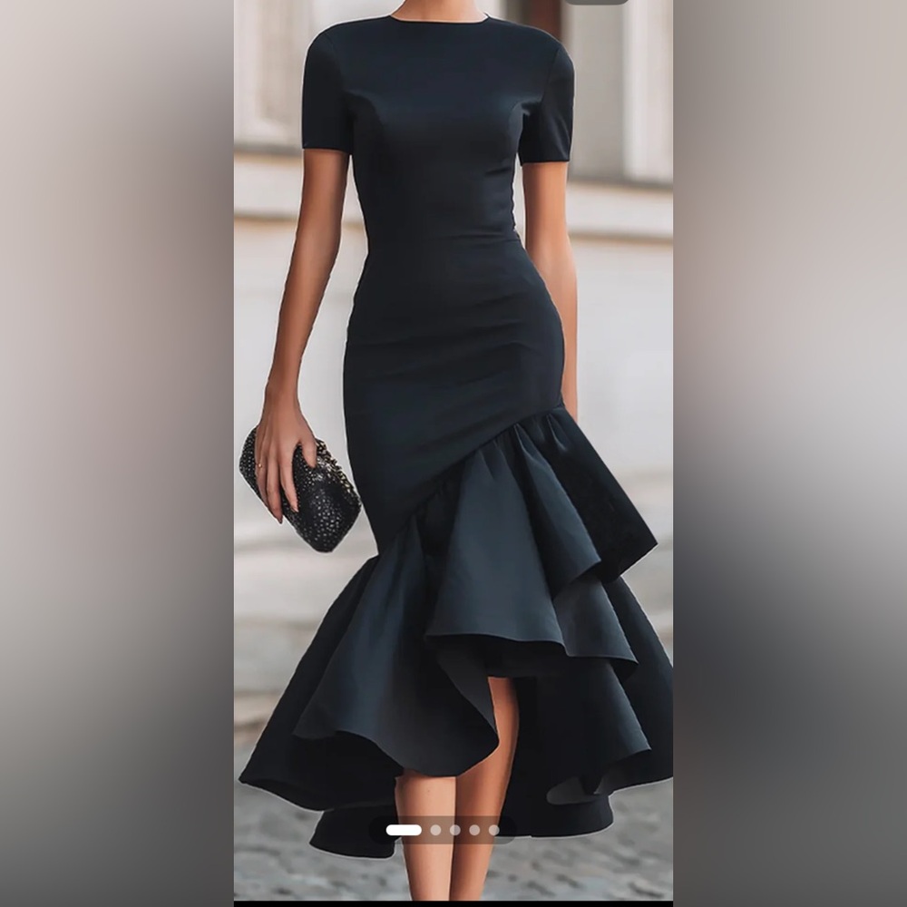 Elegant Asymmetrical Black Ruffle-Hem Midi Dress